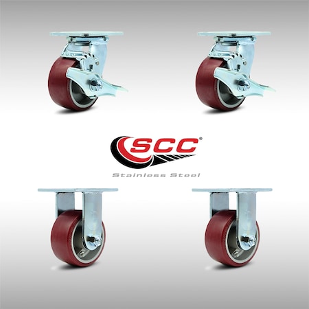 Service Caster 4 Inch SS Poly on Aluminum Caster Set with Ball Bearings 2 Brakes 2 Rigid SCC SCC-SS30S420-PAB-TLB-2-R-2